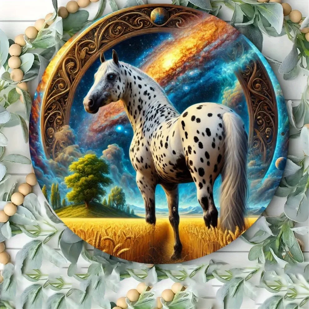 ديكور علامة معدنية من Apaluza Fantasy Horse، لوحة فنية جدارية مستديرة مقاس 7.8 بوصة، قطعة مركزية للإكليل #3