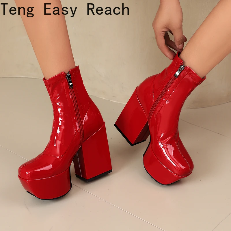 Red Patent Leather Chunky Motorcycle Boots Women\'s Platform Ankle Boots Lace-up Punk Cosplay Platform Goth Shoes Plus Size 48