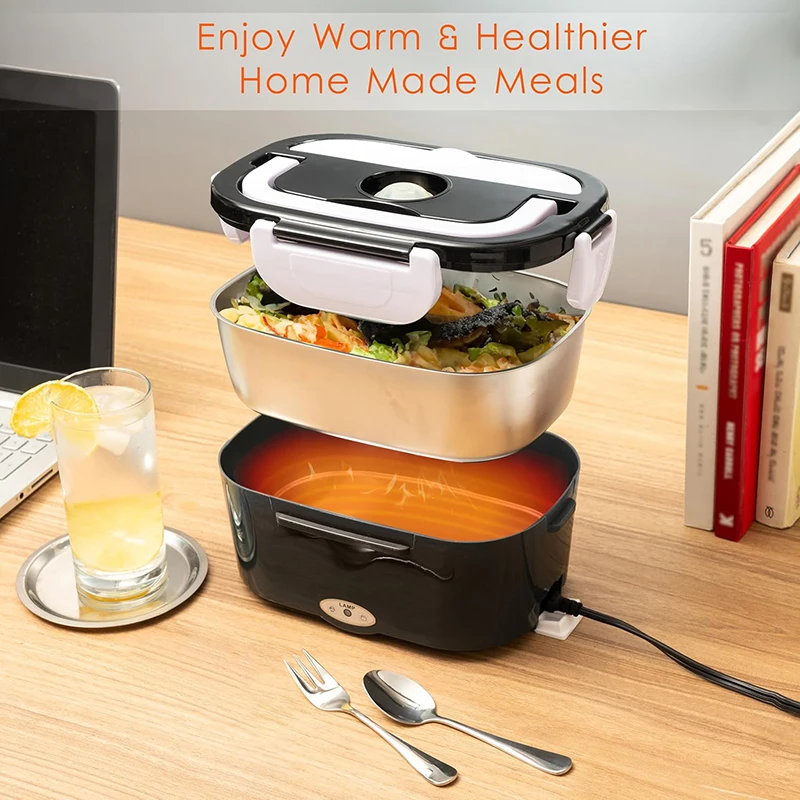 2 in 1 220V 110V 24V 12V Electric Lunch Box Office School Car Portable Picnic Food Warmer Container Black Stainless Steel Set