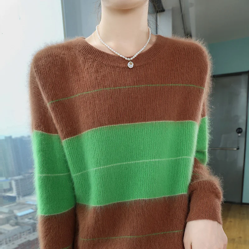 Autumn and winter new women's 100% mink cashmere sweater round neck knitted color blocked pullover loose Korean fashion top