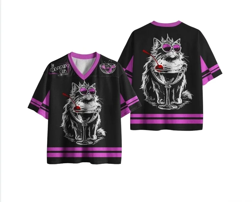 First Of All Mia Delight Retro Sunset Cat Mesh Football Jersey T Shirt Unisex Vintage V Neck Oversized Streetwear Tee