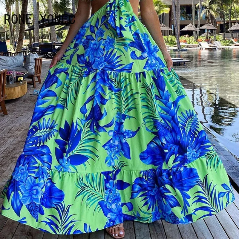 Women Elegant Sexy Spaghetti Straps All Over Print Midriff Maxi Vacation Beach Sexy Dresses