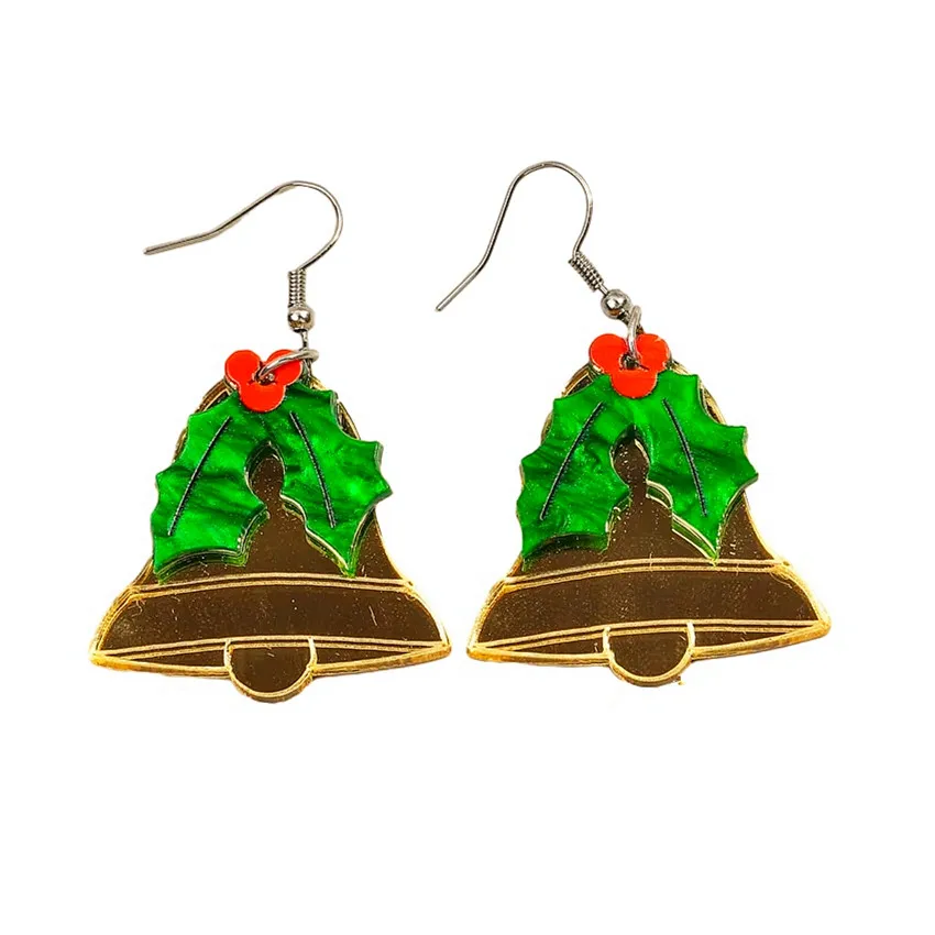 New Christmas Tree Leaves Berry Acrylic Earrings Pendants for Women Gold Color Mirror Jingling Bell Drop Earring Xmas Jewelry