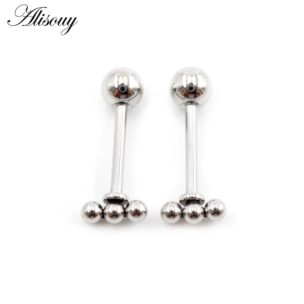 Alisouy 2PC Fashion Small Three Balls T bar Stud Earrings for Women Punk Stainless Steel Black/Gold color Ear Bone Nail