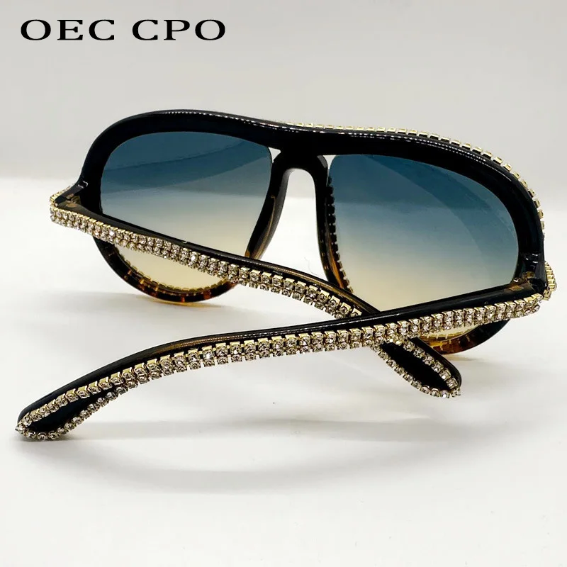 OEC CPO Rhinestone Oversized Pilot Sunglasses Women Fashion Colorful Diamond Shades UV400 Men Sun Glasses Green Yellow Eyewear