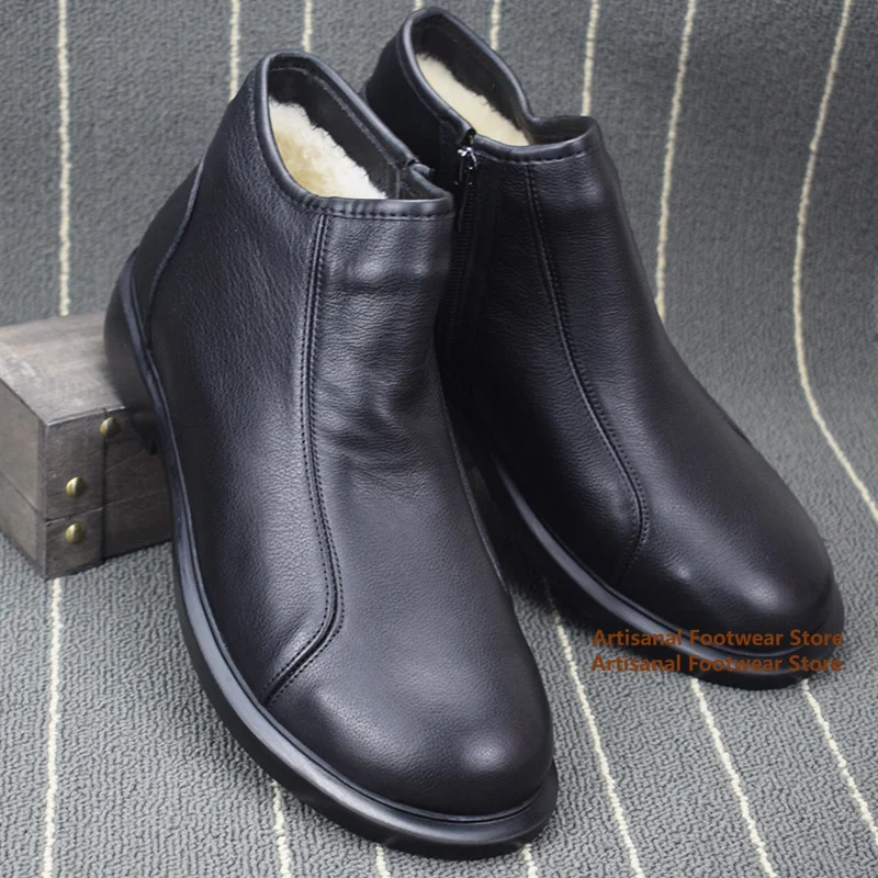 Men's Black Leather Winter Ankle Boots Faux Wool Lined Warm Side Zipper Booties Non Slip Flat Cold Weather Casual Snow Shoes
