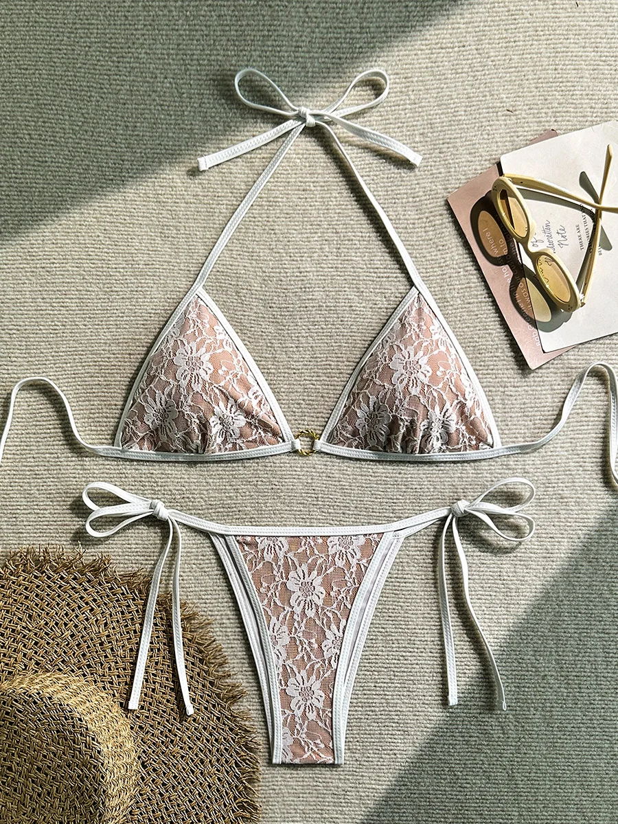 

Сетчатое кружевное бикини с вышивкой на шее, женский купальник, женский купальник, комплект бикини из двух частей, купальный костюм с высоким вырезом, пляжная одежда для плавания