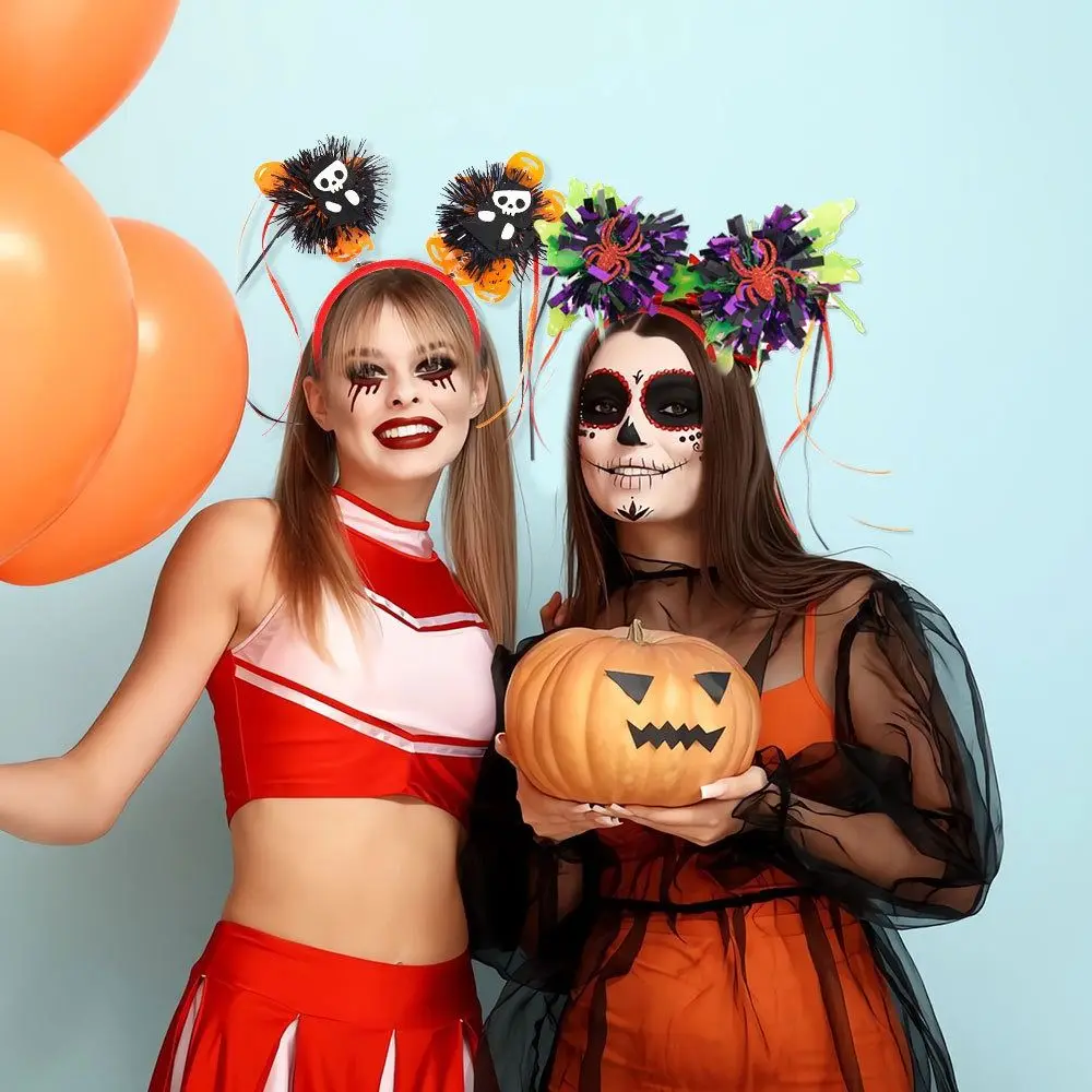 Diademas de murciélago para Halloween, diadema con borlas a rayas de calabaza, aro para el pelo de Halloween, atmósfera fantasma, artesanía, diadema de esqueleto de murciélago