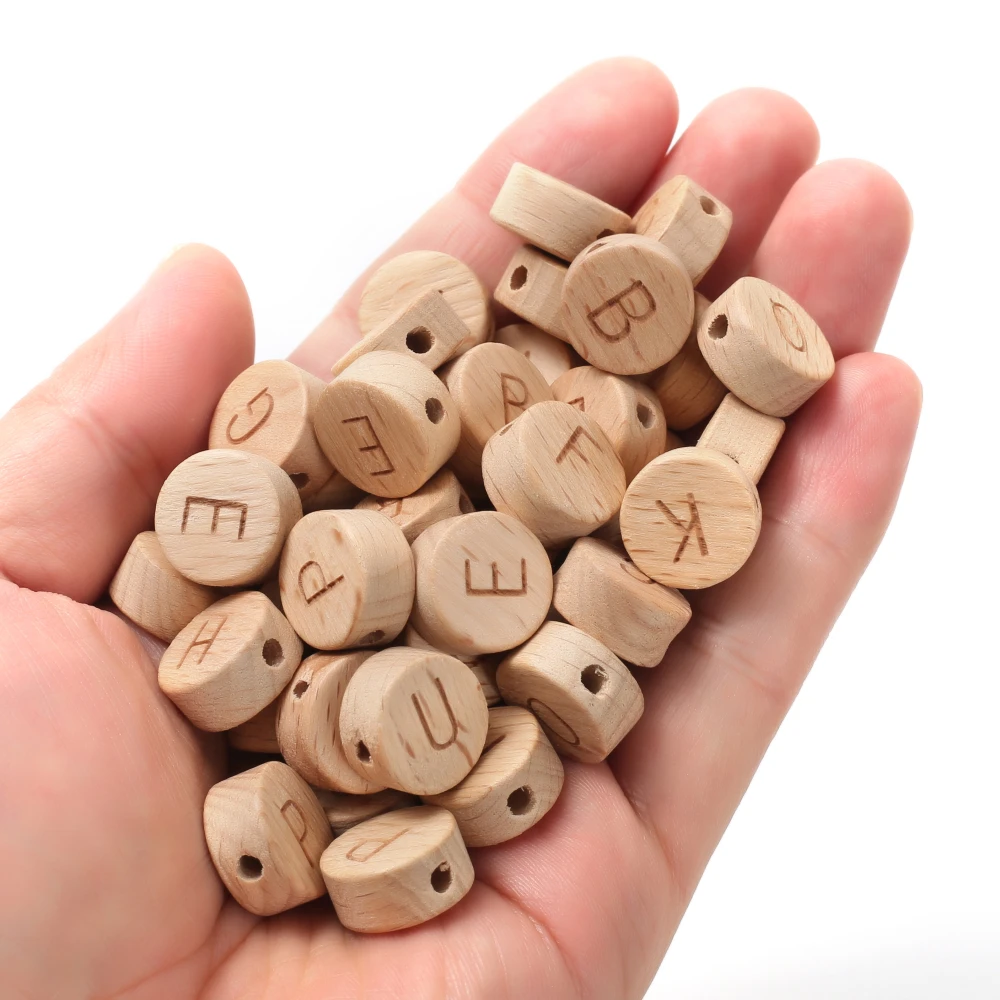 50Pcs 15mm Wooden Flat Round Beads Print English Letter Loose Spacer Beads For Jewelry Making DIY Bracelet Necklace Accessories