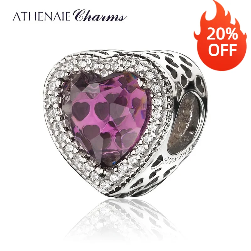

ATHENAIE 925 Sterling Silver with Pave Clear CZ & Purple Heart Shaped Openwork Charm Fit All European Bracelets Color Purple