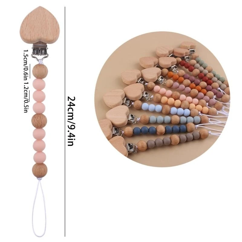 G2TC Baby Pacifier Chain Clips Holders Girl Boy Teether Toy Wooden Heart Shaped Clip