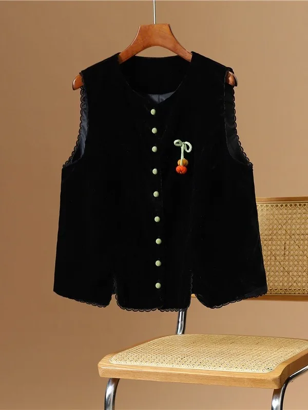 

Retro Chinese Sle Velvet Svel Jaet round Ne Lace Trim 3D Decoration Single Button Decoration Traditional Chinese Top