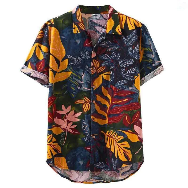 Men's Tropical Plant Oil Painting Print Hawaiian Short Sleeve Shirt Summer Beach Vacation Collar Button-Up Shirt