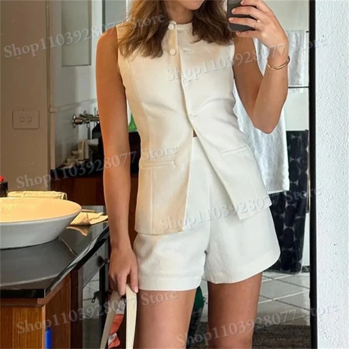 2024 New Women's Sleeveless Two-piece Sets Round Neck Top High Waisted Shorts Denim Set Casual Fashion Summer Spring Streetwear