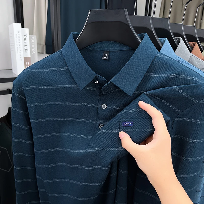 

Мужской пуловер в полоску с длинными рукавами, весенне-осенний воротник 2025 года и рубашка-поло со свободными карманами