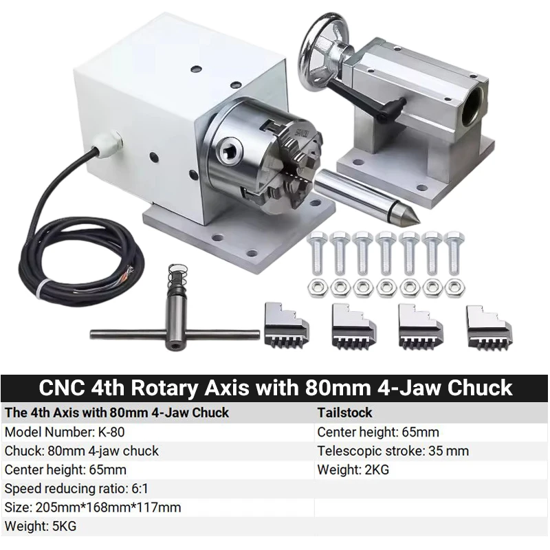 CNC 4th Axis Rotary Table with 80mm 4-Jaw Chuck 6:1 Ratio NEMA23 Stepper Motor Adjustable Tailstock for Engraving 3D Carving CNC