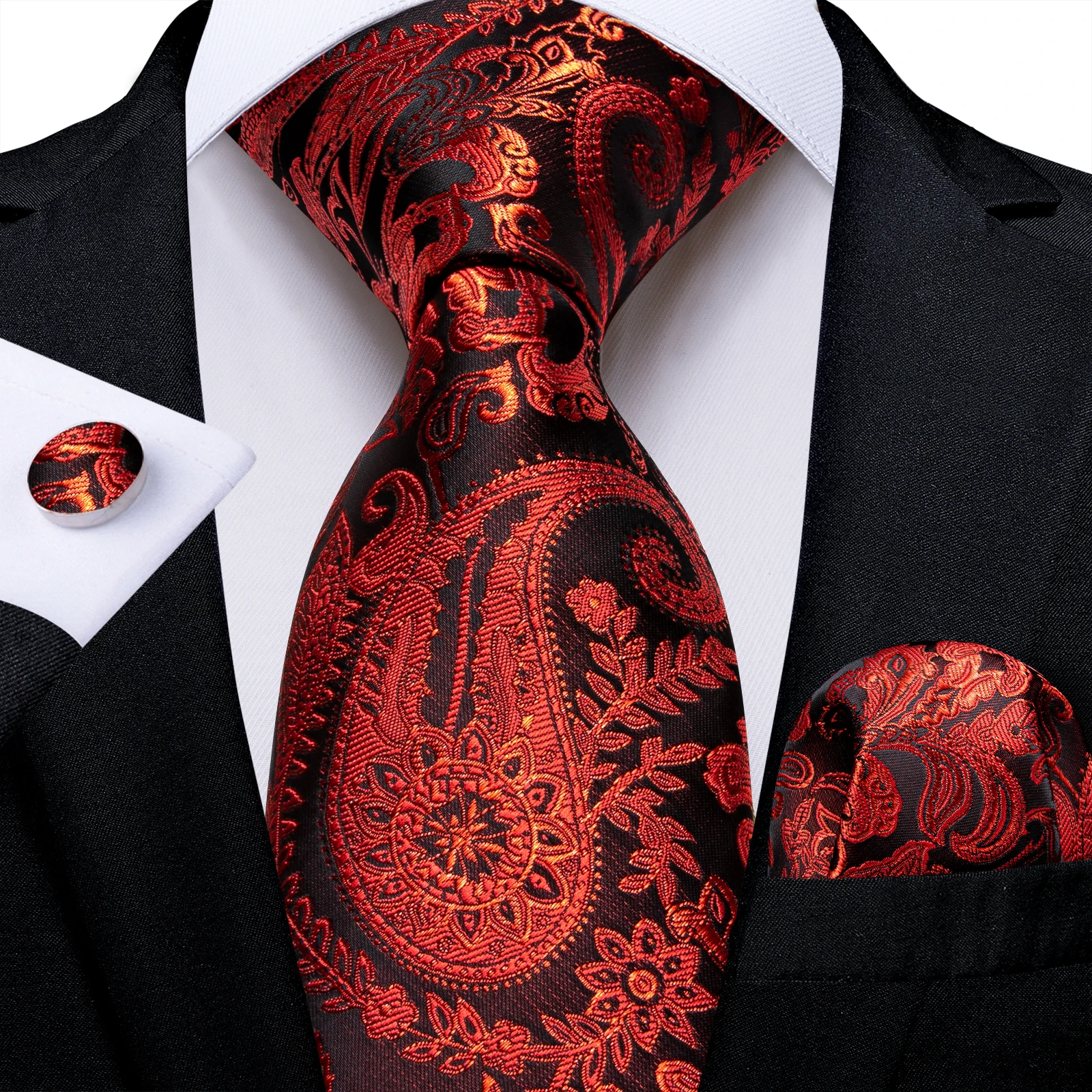 

Men's Wedding Red Paisley Necktie with Pocket Square Cufflinks Silk 8 CM Luxury Jacquard Tie for Man Business Party Gifts