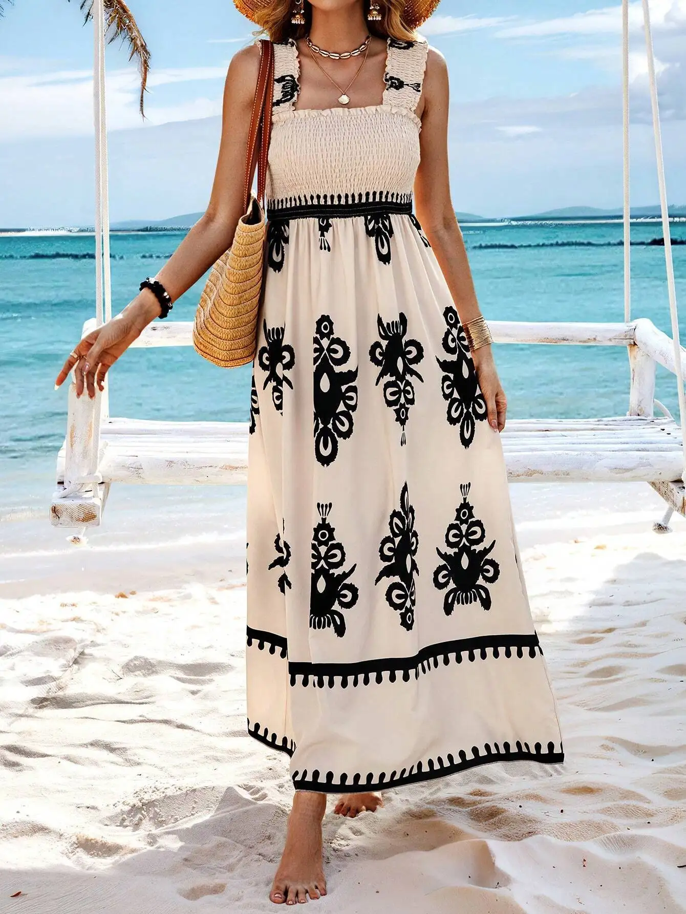 

2024 Summer New Women's Fashion, Elegance, Leisure Commuting, Sexy Beach Skirt, Vacation Style Printed Wrapped Chest Dress