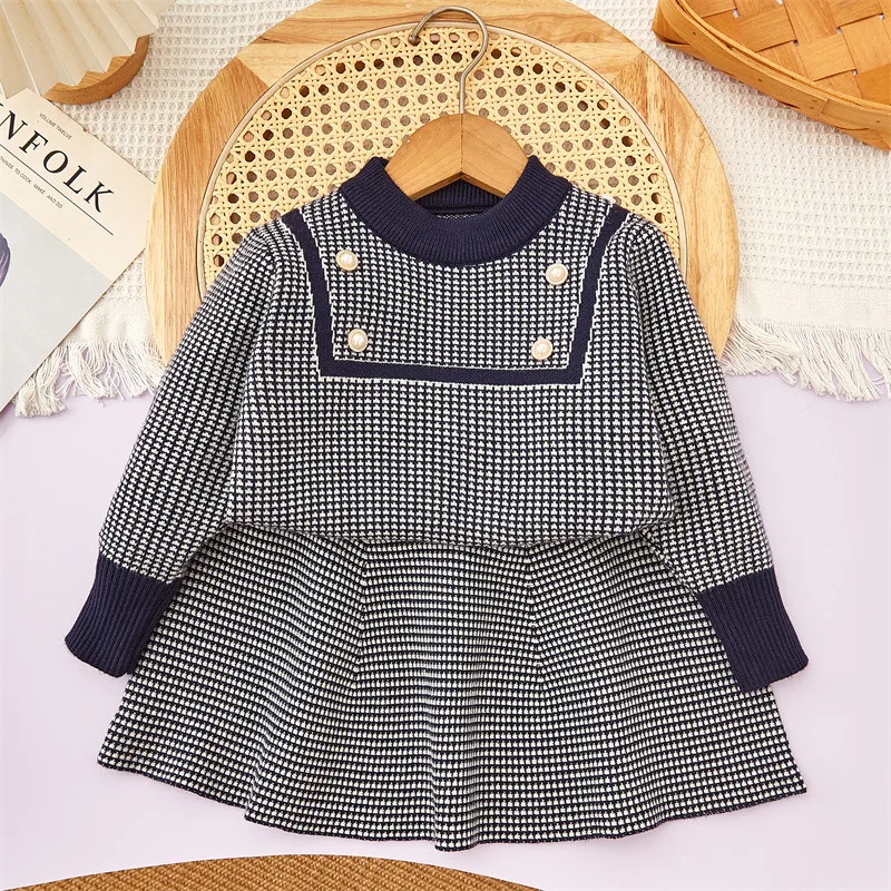 

Children's Outfit Skirt New Autumn Winter Girls' Korean Style Knitted Sweater Plaid Skirt Ruffled Collar Two-Piece Set