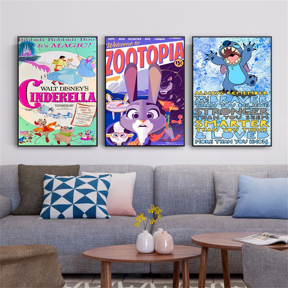 Aladdin Princess Jasmine Movie Poster Vintage Disney Cinderella Movie Prints Zootopia  Canvas Painting Wall Kid Room Decoration