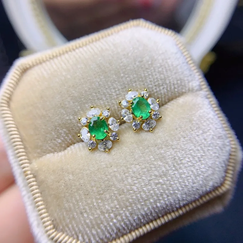 Natural Columbia Emerald Earrings for Women Anniversary Gift Fine Jewelry 925 Sterling Silver 4*5mm Gemstones