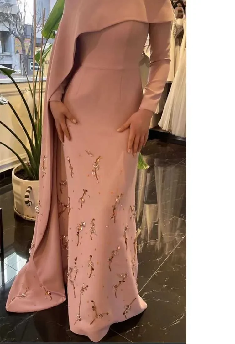 Customized Elegant Off The Shoulder Long Sleeves Pink Beaded Mermaid Vestidos De Fiesta فساتين سهره Evening Dresses Hot Sale