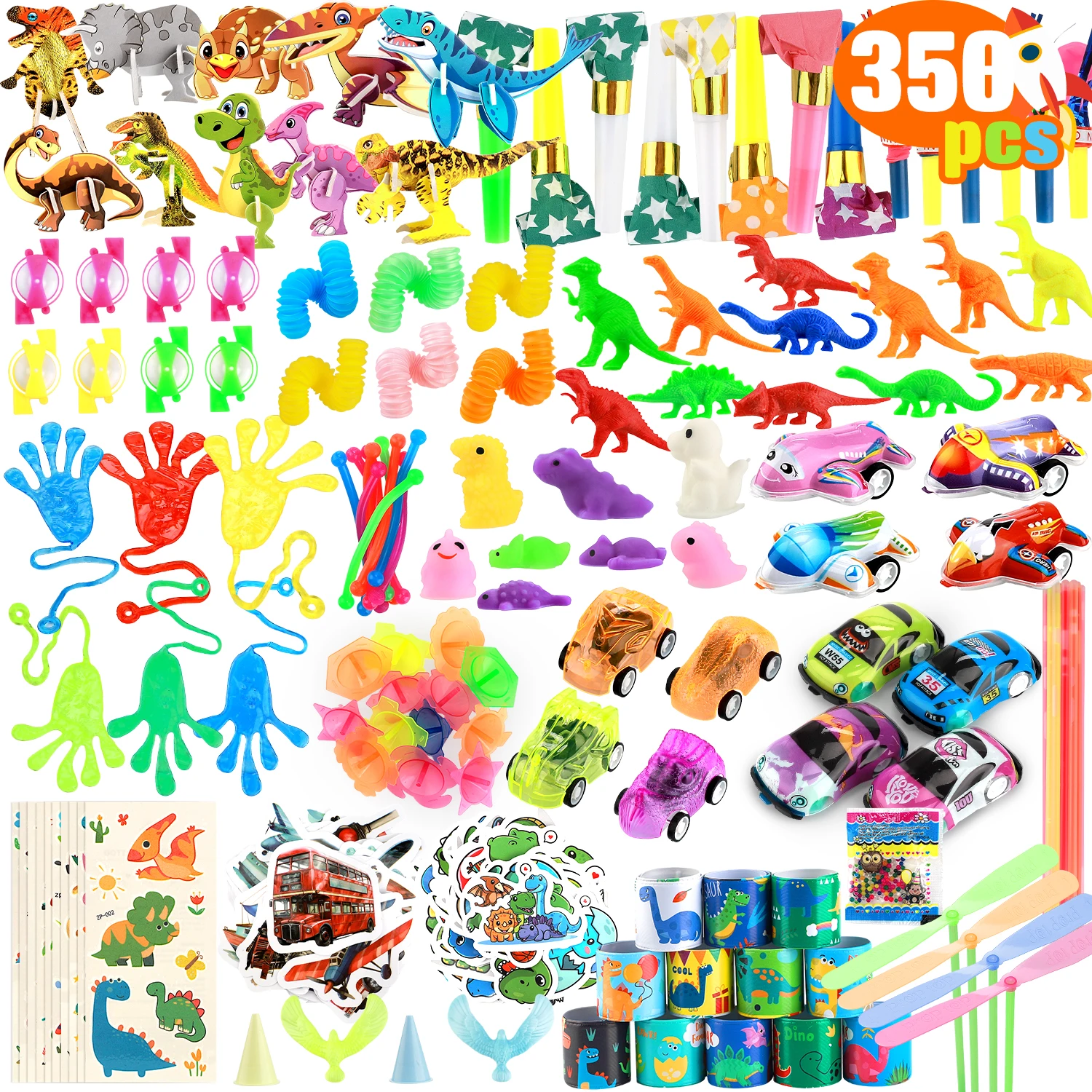 Set de 350 Artículos para Fiestas Infantiles, Juguetes de Cumpleaños con Pulseras de Broche, Coches de Juguete, Pegatinas de Dinosaurios, Premios de Carnaval, Divertidos Regalos de Navidad