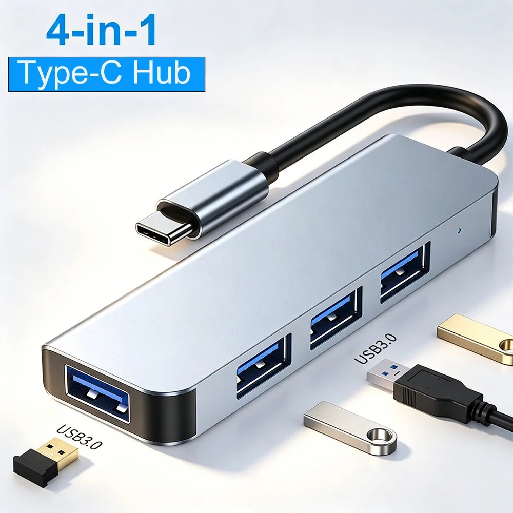 5Gbps USB3.0 Type C Hub 4 in 1 Aluminum Portable Splitter Docking Station Adapter for MacBook HP Dell Lenovo Windows Laptop