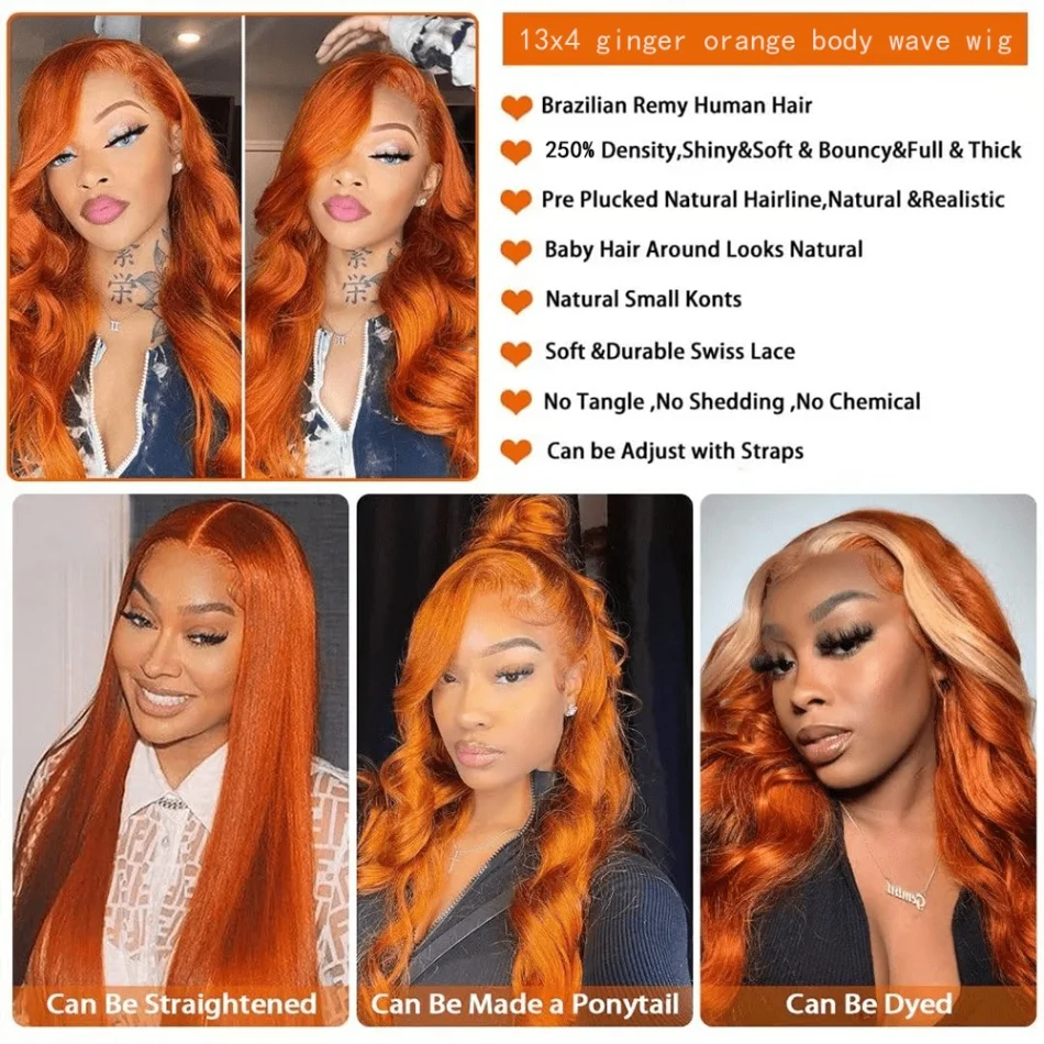 350 Ginger 13x4 HD Transparent Lace Front Wigs Human Hair Orange Colored Body Wave Lace Front Wig For Women 350 Color Wig Free Part Realistic Looking 30 Inch view 6