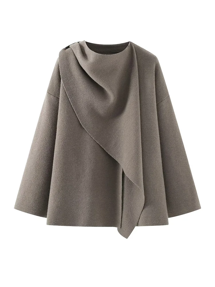 HH-abrigo de estilo callejero para mujer, cárdigan de punto a cuadros de otoño, bufanda elegante con cuello, decoración de bolsillo, abrigo corto holgado de manga larga