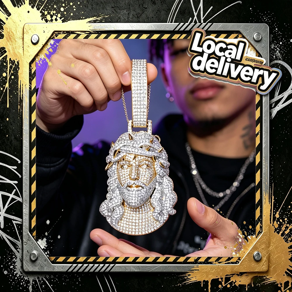 Pendentif Tête de Jésus entièrement serti de zircons, plaqué or 18K bicolore, micro-pavé de zircone cubique, couronne d'épines, style Hip Hop religieux, breloque scintillante, bijoux streetwear pour hommes, pour rappeurs, bijoux de soirée, cadeaux pour hommes et amis