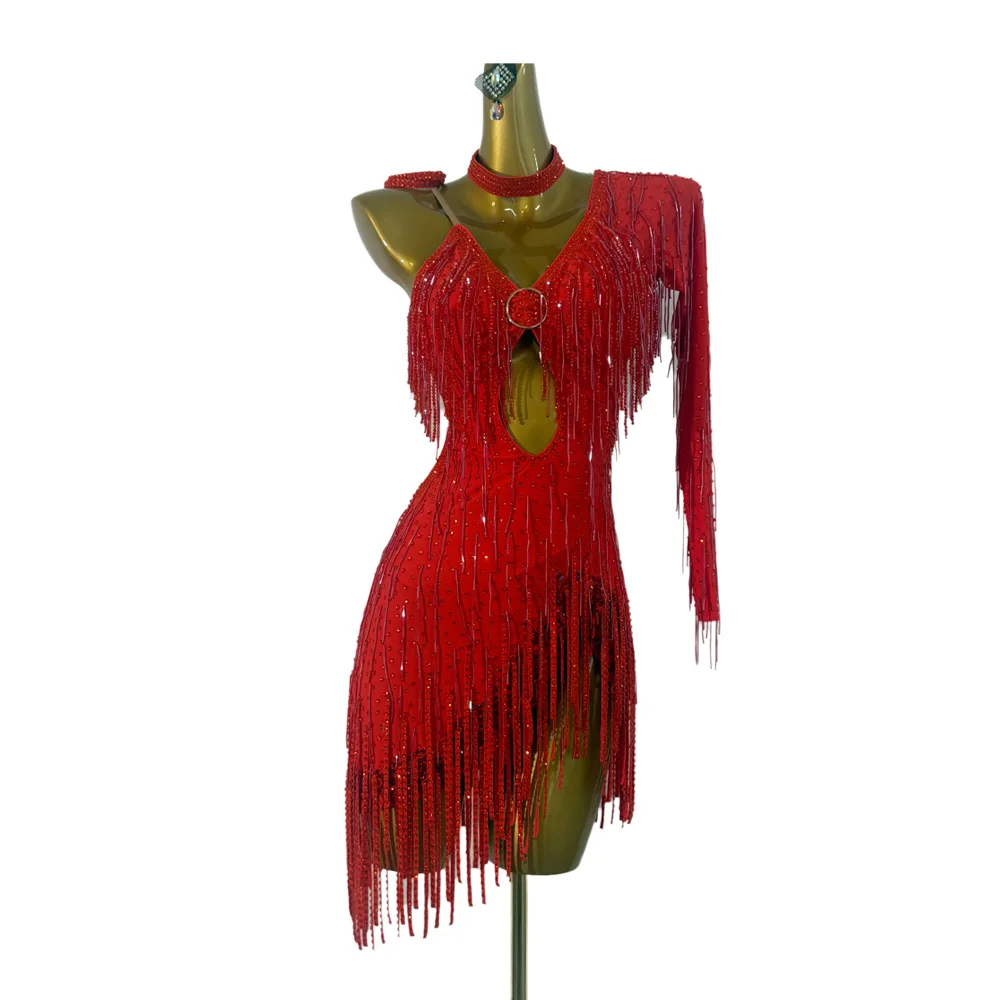 Tancerz latynoamerykański, dorosły, dziecięcy, ekskluzywna, szyta na miarę czerwona sukienka z koralikami, diamentowy bar, frędzle, tango, samba, sukienka sceniczna z kamieniami AB