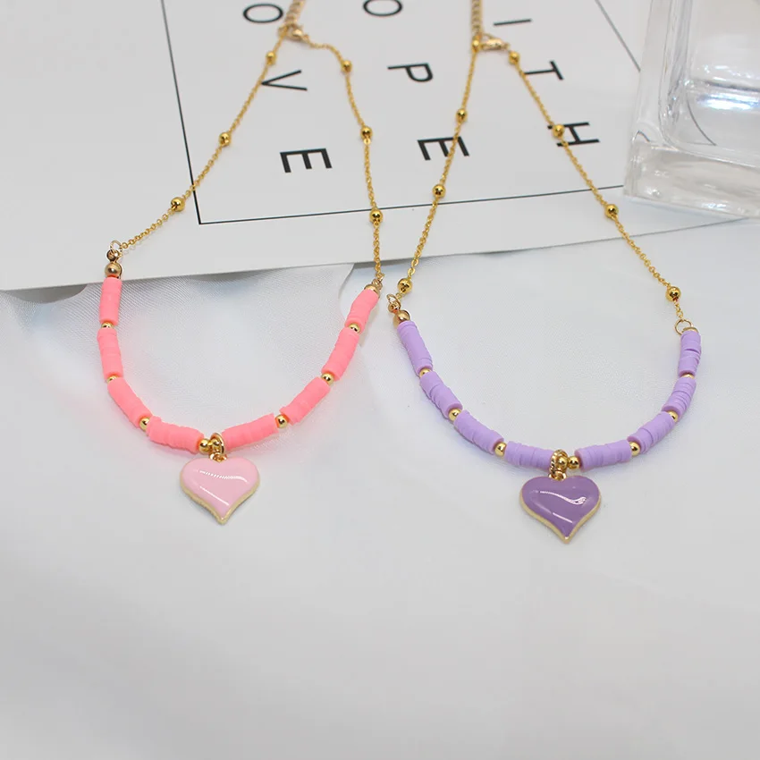 Beads Heart  Choker Fashion Summer Colorful Collar Charm Polymer Clay  Handmade Bohemia Necklace Women Beach Female Jewelry New