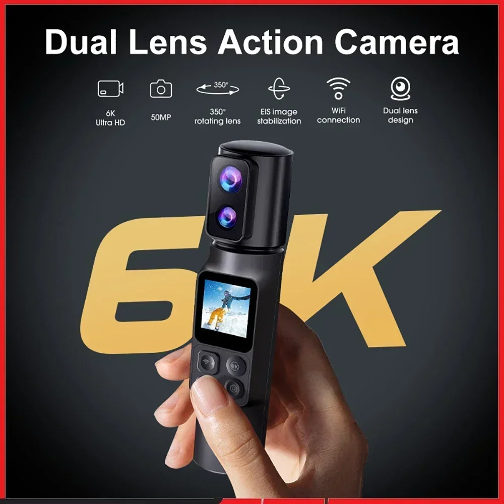 Portable Handheld 6K 5K 4K Action Camera EIS 5X Zoom 350° Rotatable Dual Lens Pocket Sports Camera 50MP Wi-Fi Webcam DV Recorder