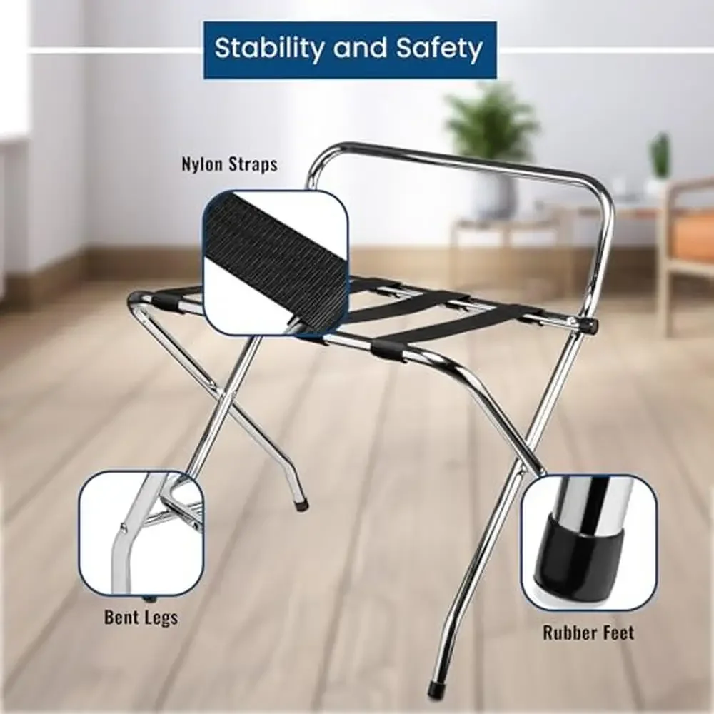 Foldable High Back Suitcase Stand with Adjustable Nylon Straps Heavy Duty Metal Luggage Rack Guest Rooms Bedrooms Hotels and