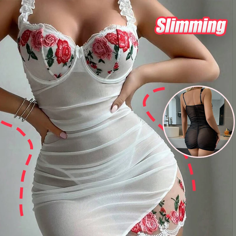 

Sexy Floral Embroidery Camisole Skirt Thong Set Women's Hot Half Cup Ultra-thin Close Fitting Pajama Lingerie Set Home Clothes