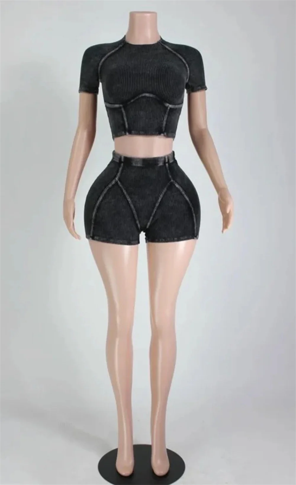 2024 spring/summer fashion sexy women's pit strip solid color round neck tight short-sleeved top shorts sports casual suit