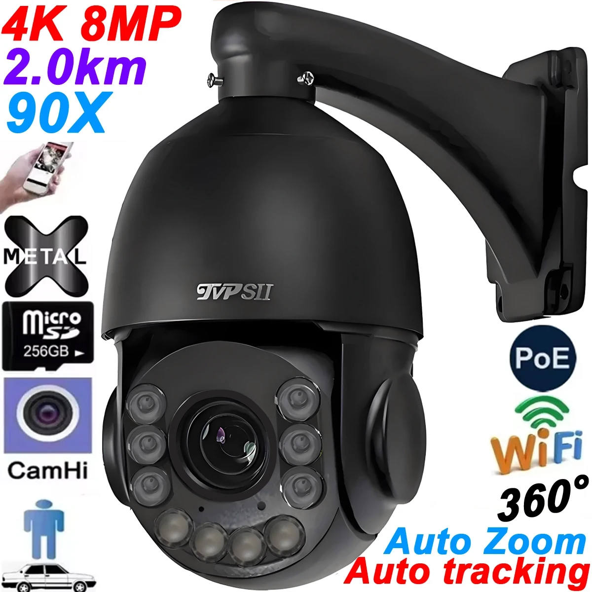 Metal Max.512GB Infared Auto Tracking CamHi H.265+ 8MP 4K 90X 54X Optical Zoom Audio 360° Alarm POE WIFI 2 In 1 PTZ IP Camera