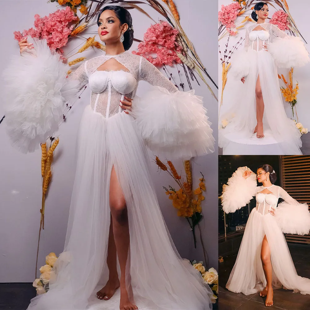 Elegant Tulle Maternity Dresses High Legs Split Photo Shoot Sexy Bridal Fluffy Robe Full Length Long Bathrobe Gown