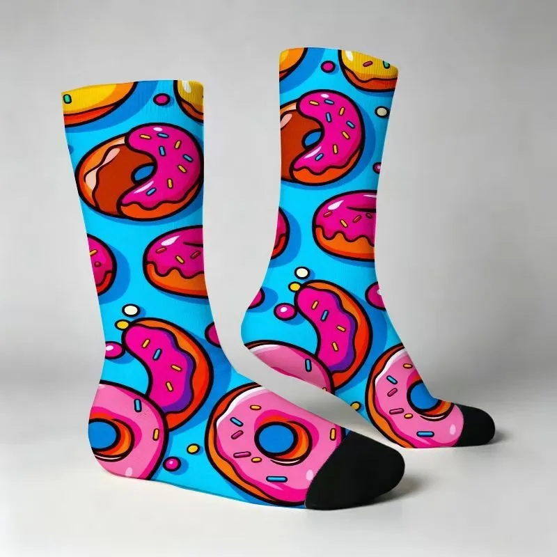Fun Donut Print Crew Socks Vibrant Blue Cartoon Novelty Socks for Men Women Kids Themed Parties Casual Gifts
