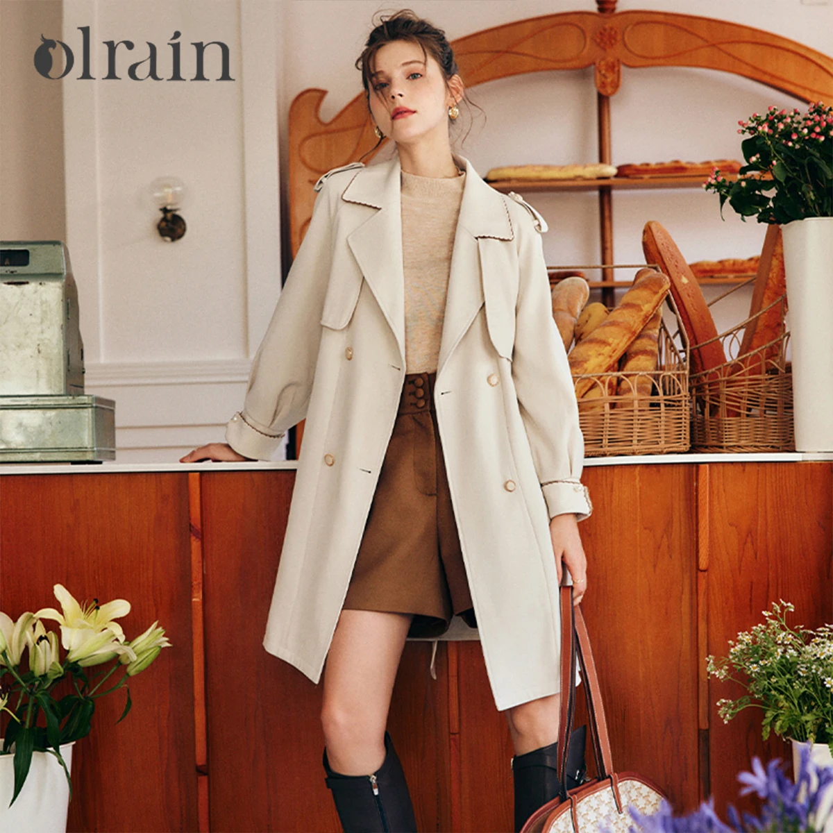

OLrain French Style Womens Trench Coats 2026 Autumn Spliced Lapel Long Sleeve Double Breasted Streetwear Wrap Outwear O22QF00938