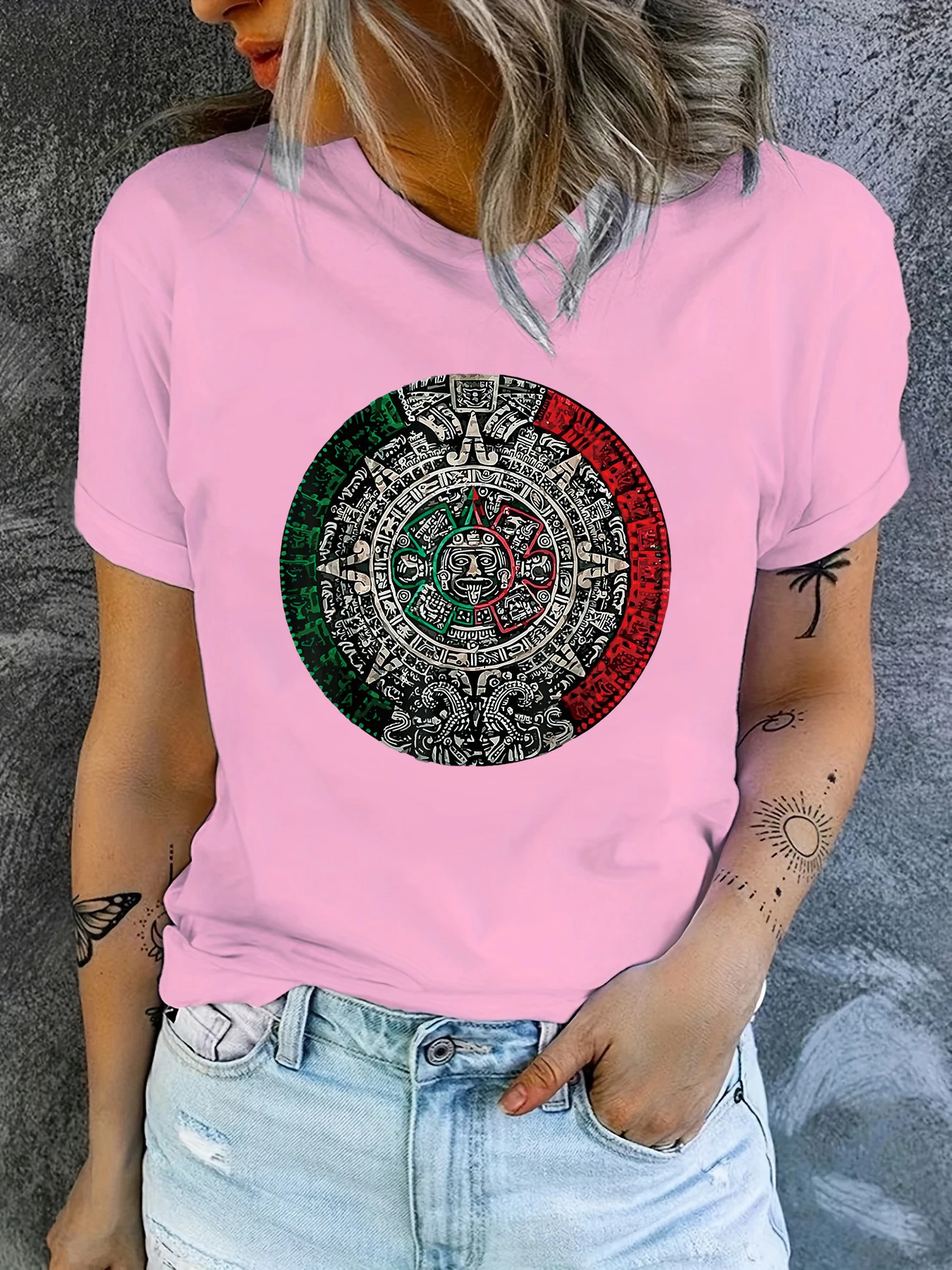 Women\'s Casual Short Sleeve Aztec Calendar Sun Stone Mexican Art Short Sleeve Printed Summer T-shirt Aesthetic Graphics Y2k Top