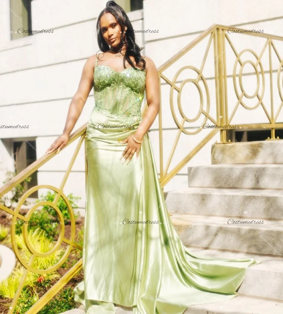 

Elegant Sage Green Prom Dress 2026 Plus Size Sweetheart Lace Slit Evening Dress With Train Unique African Formal Party Gowns