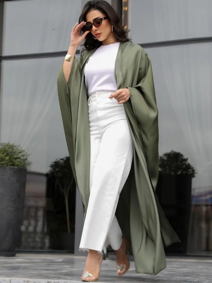 Solid Army Green Open Abaya For Muslim Woman Batwing Sleeve Elegant Casual Loose Moroccan Arab Saudi Kebaya Cardigan Fashion