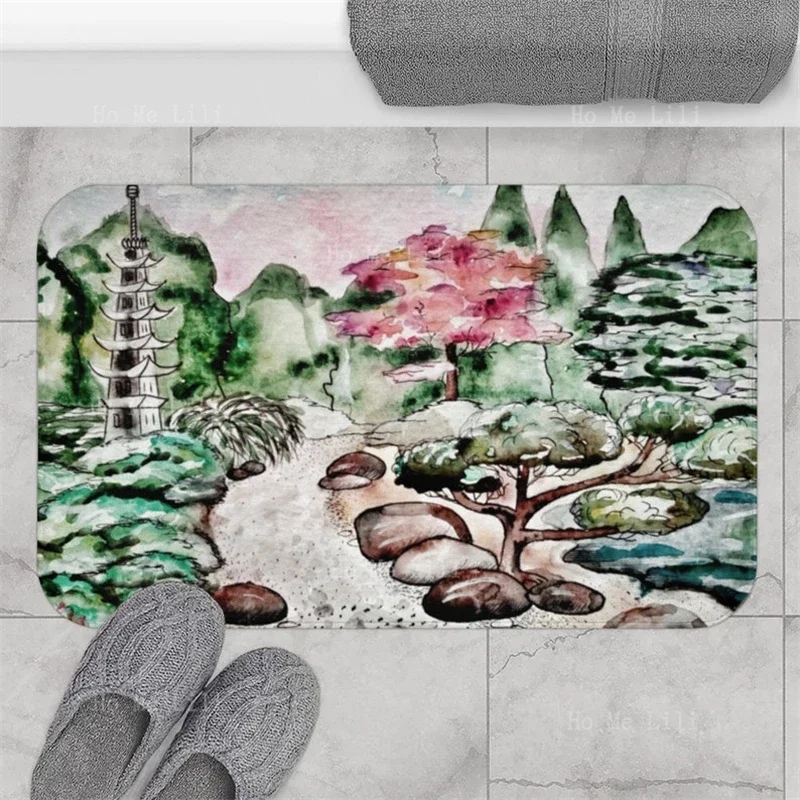 Japanese Garden Kanagawa Mount Fuji Wave Art Illustration Decor Nature Flannel Floor Rugs Polyester For Living Room Bedroom