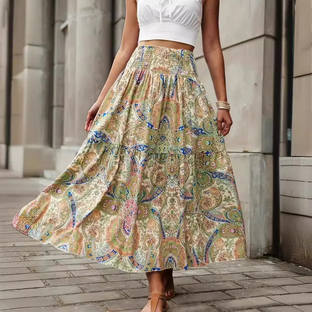 Casual Beach Print Summer Skirt High Waist Ultra Thin Polyester Fiber Knitted Casual Women's Skirts