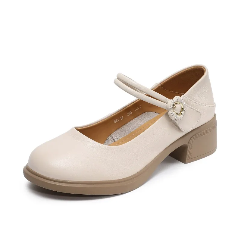 

Top Layer Cowhide Round Toe Women Middle Heel Shoes 2026 New Genuine Leather Mom Banquet Shoes Comfortable Trendy Shoes