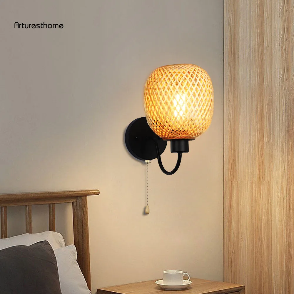 ARTURESTHOME Bamboo Rustic Zipper Bedroom Bedside Aisle Backdrop Wall Lamp Modern New Chinese Lanterns Wall Sconce