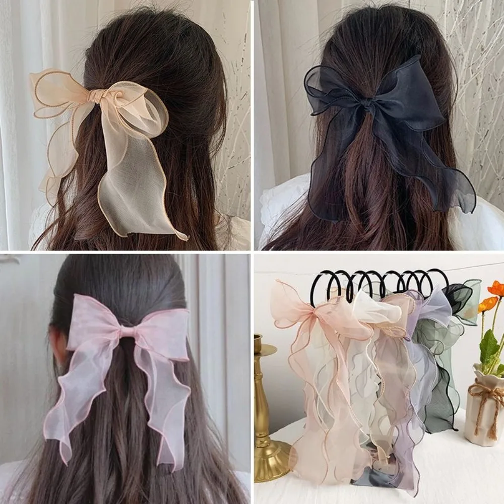 White Black Organza Bow Fluttering Ribbon Hair Ties for Women French Female Headdress Elastic HairRope Girl Hair Accessories view 2