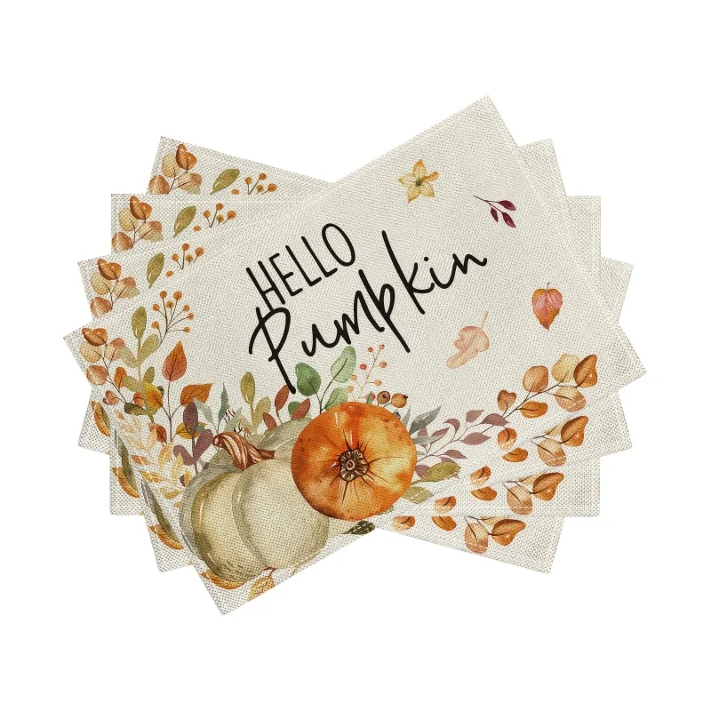 Hello Pumpkin Placemats, Fall Foliage Printed Linen Table Mats, Autumn Harvest Table Home Decor